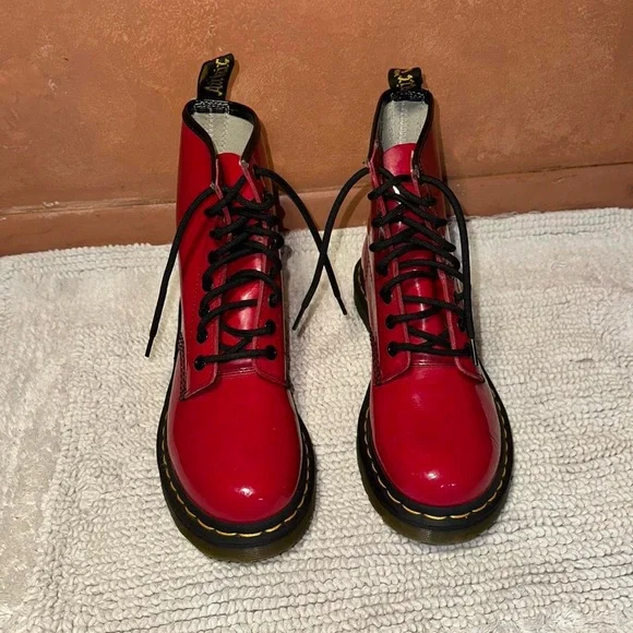Dr. Martens Red Combat Boots with Yellow Stitching - Picture 2 of 7